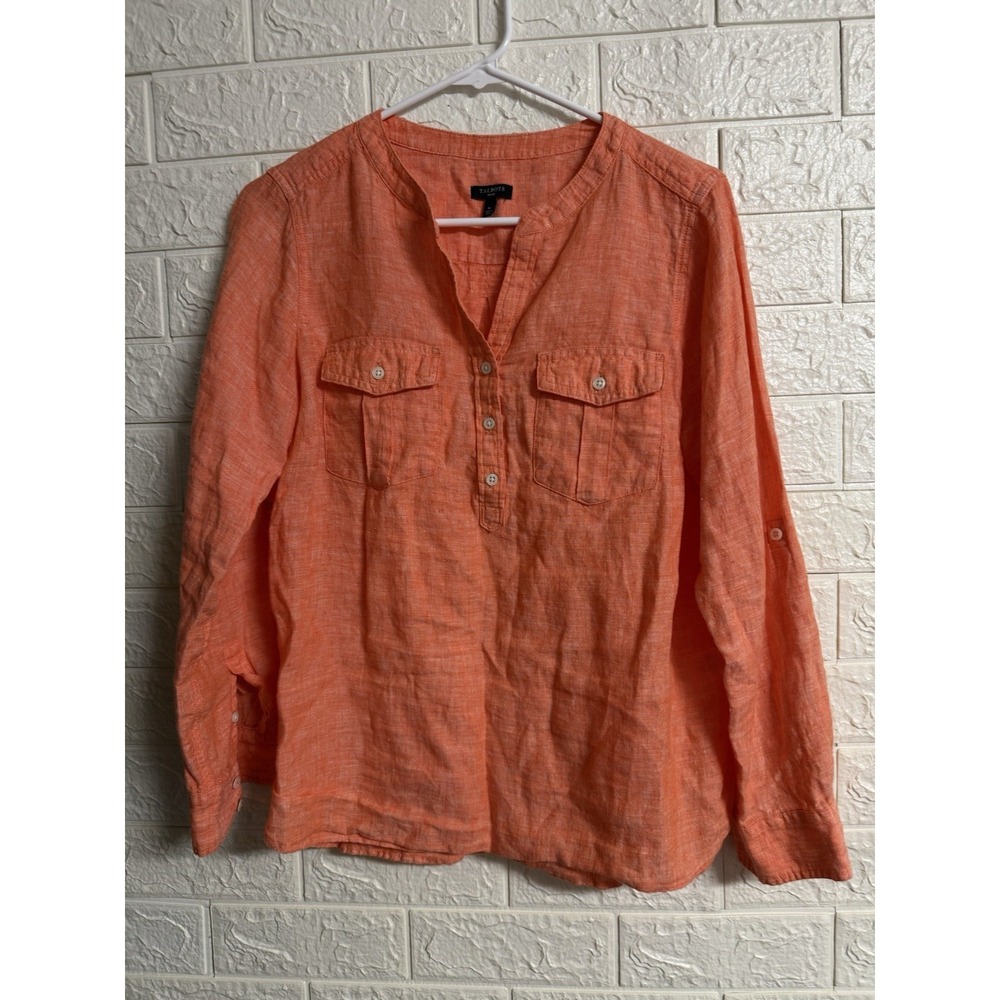 Talbots Petites Size Mp 100% Linen Orange 1/2 Button Roll Tab Long Sleeve Shirt